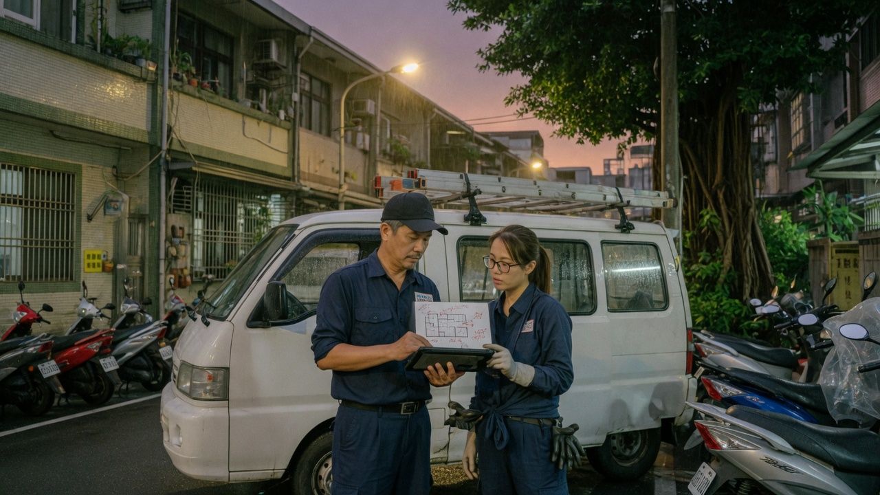 防治人員在台北巷弄討論施工範圍